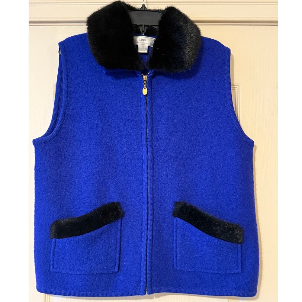 Vintage Lisa International Blue Boiled Wool Vest with Faux Fur Collar, Size XL